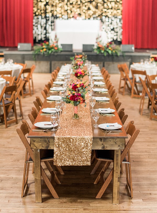 Close-up of a gold sequined table